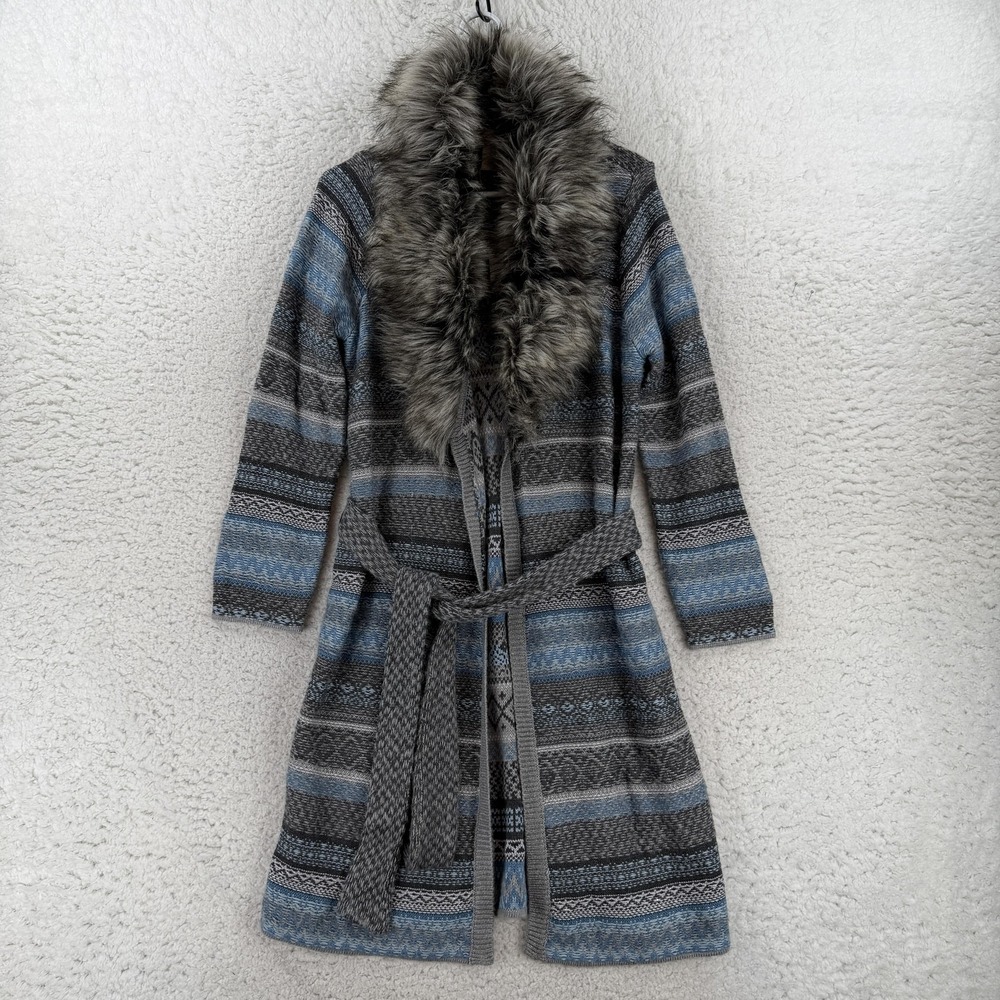 Chicos Cardigan Sweater Womens 1 Gray Blue Fair Isle Faux Fur Collar Belted NWT